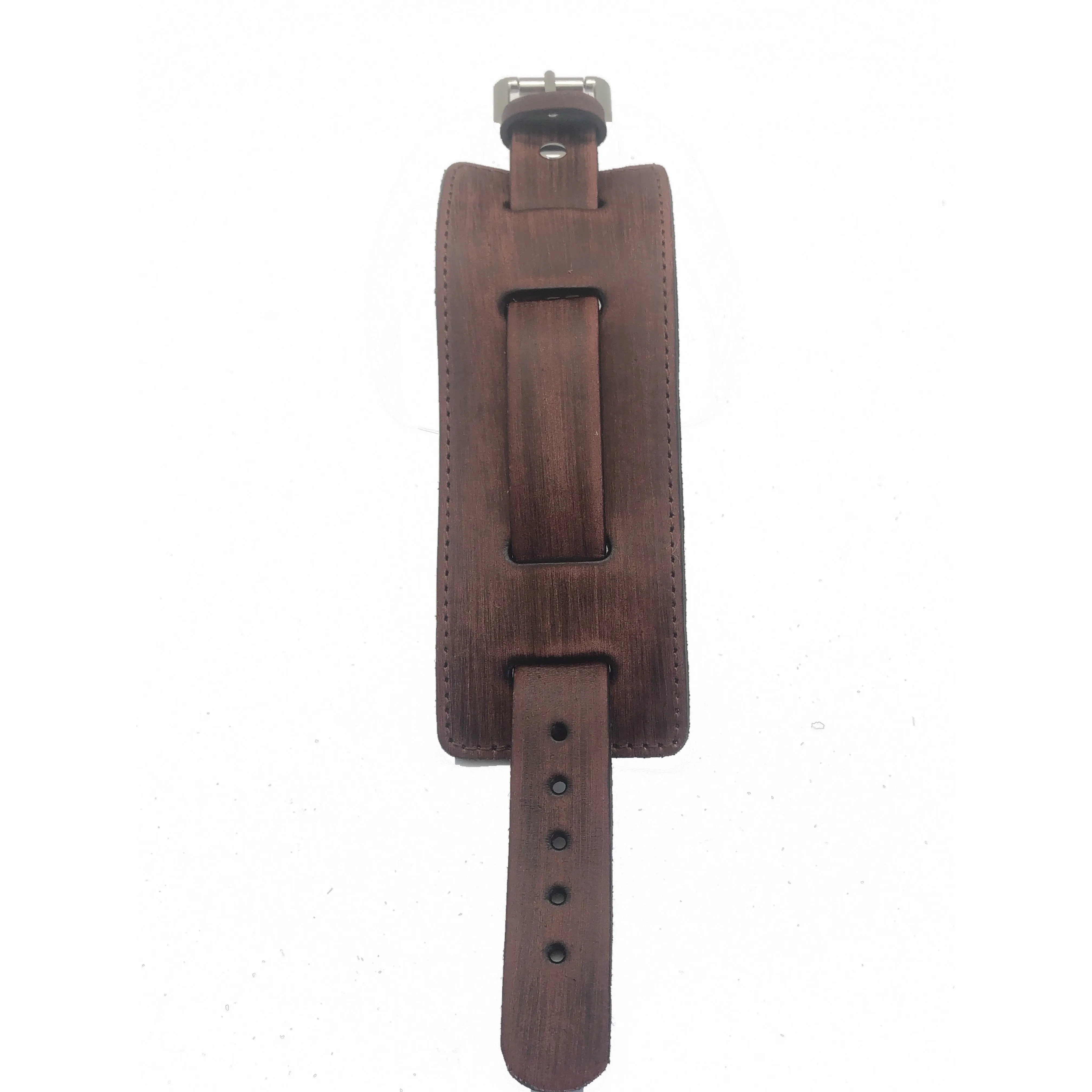 Stitched Distressed Brown Leather Wide Cuff