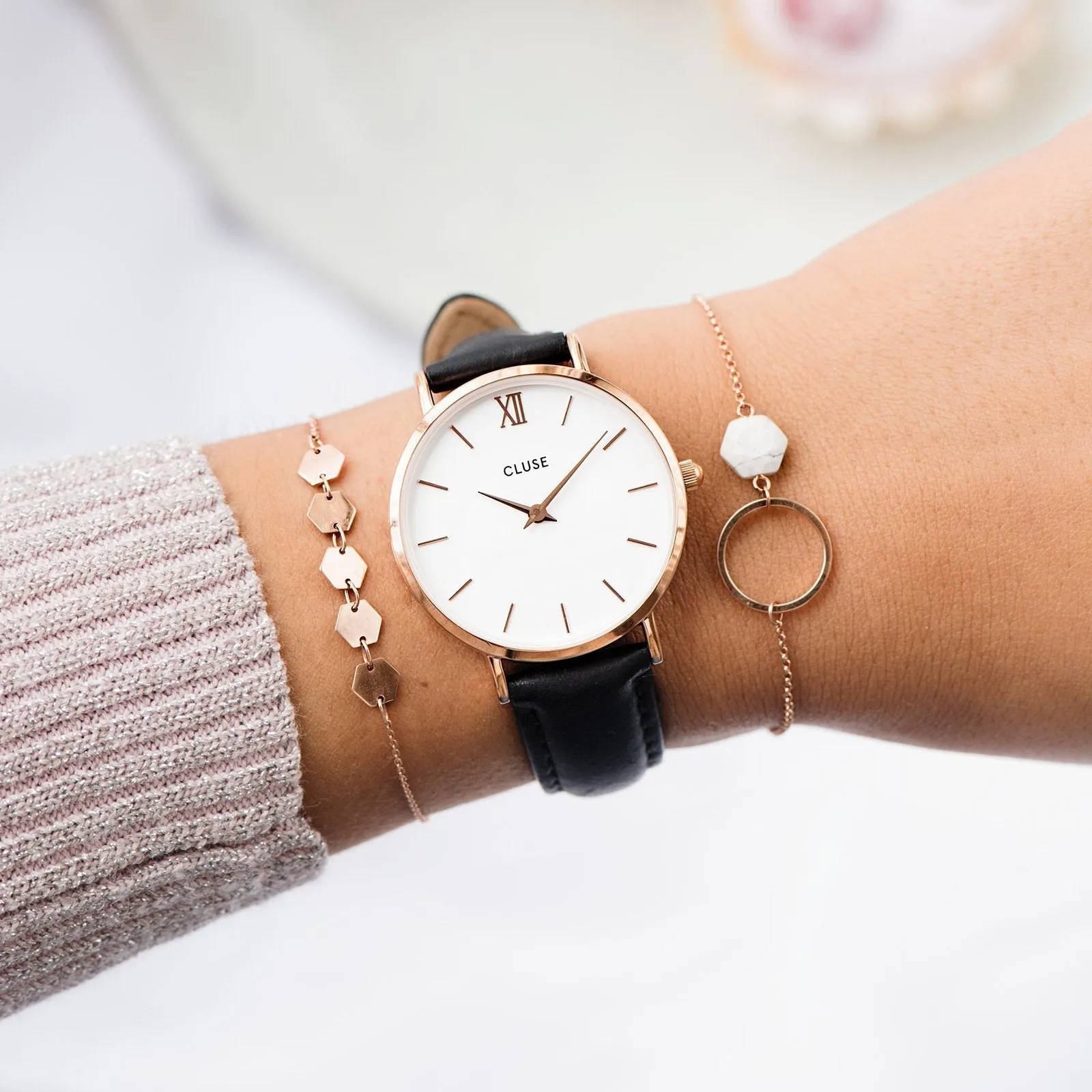 Strap 16 mm Leather Black, Rose Gold Colour
