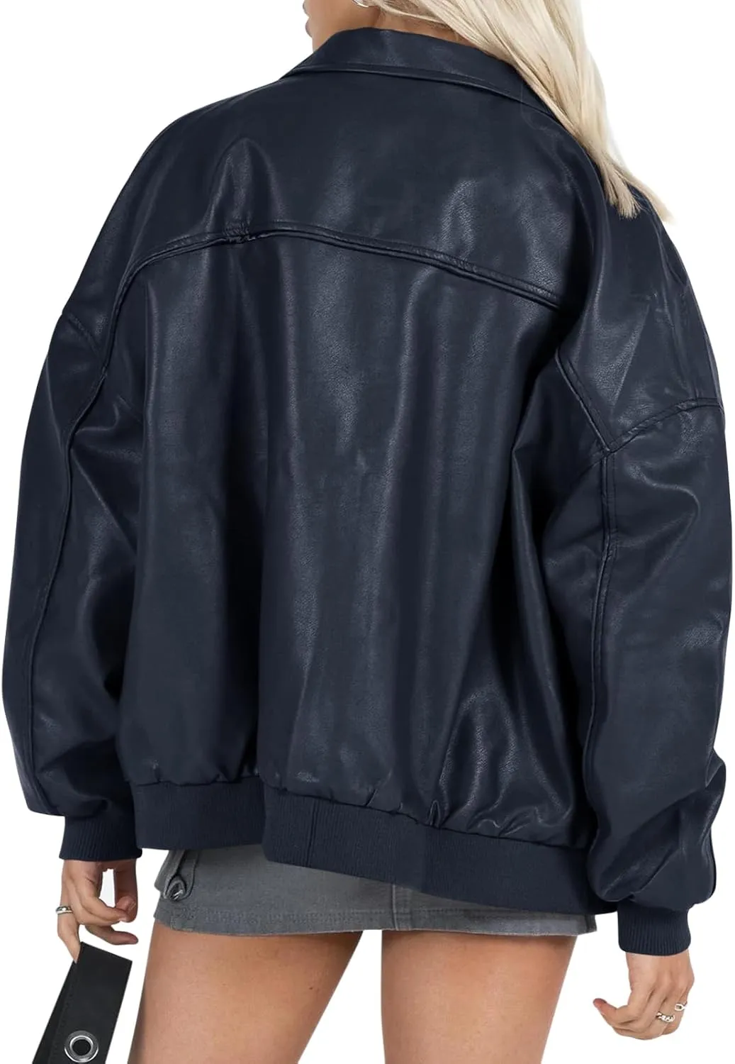 Tankaneo Womens Faux Leather Jackets Oversized Bomber Casual Fall Fashion Zip Up Moto Biker Coats