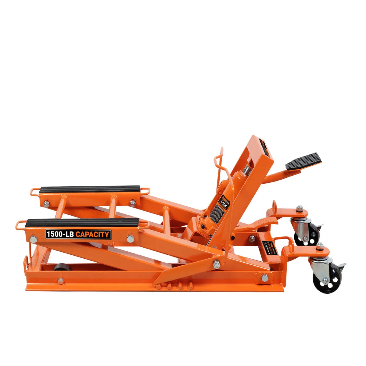 TMG Industrial 1500-lb Motorcycle ATV Jack Lift, 5”-16” Lifting Range, 6 Locking Positions, Swivel Casters, Bottle Jack, TMG-ALM68
