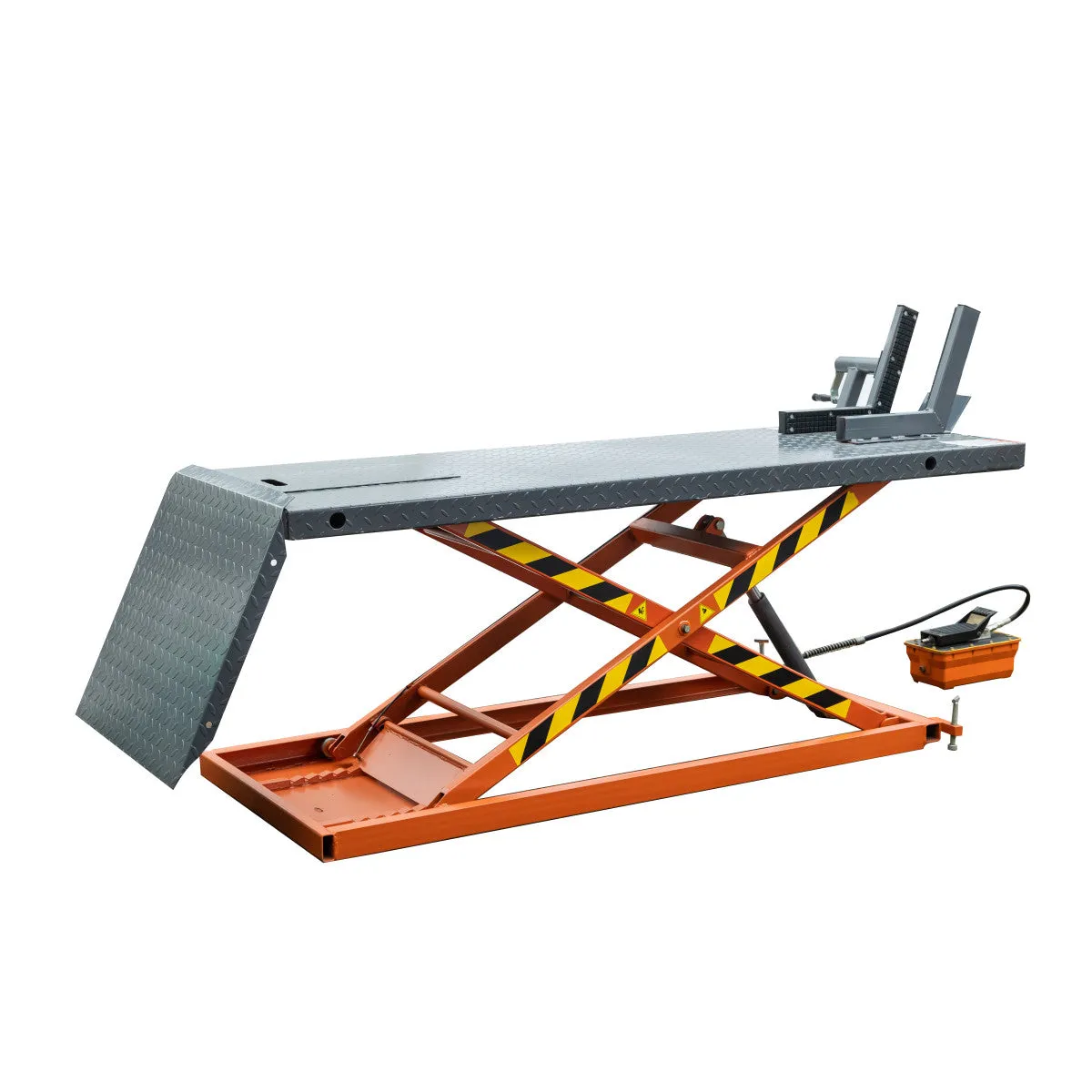 TMG Industrial 1500-lb Portable Motorcycle/ATV Scissor Lift, 48” Work Platform, Side Extensions, Foot Pedal Air Pump, Front-wheel vise grip, TMG-1500PML