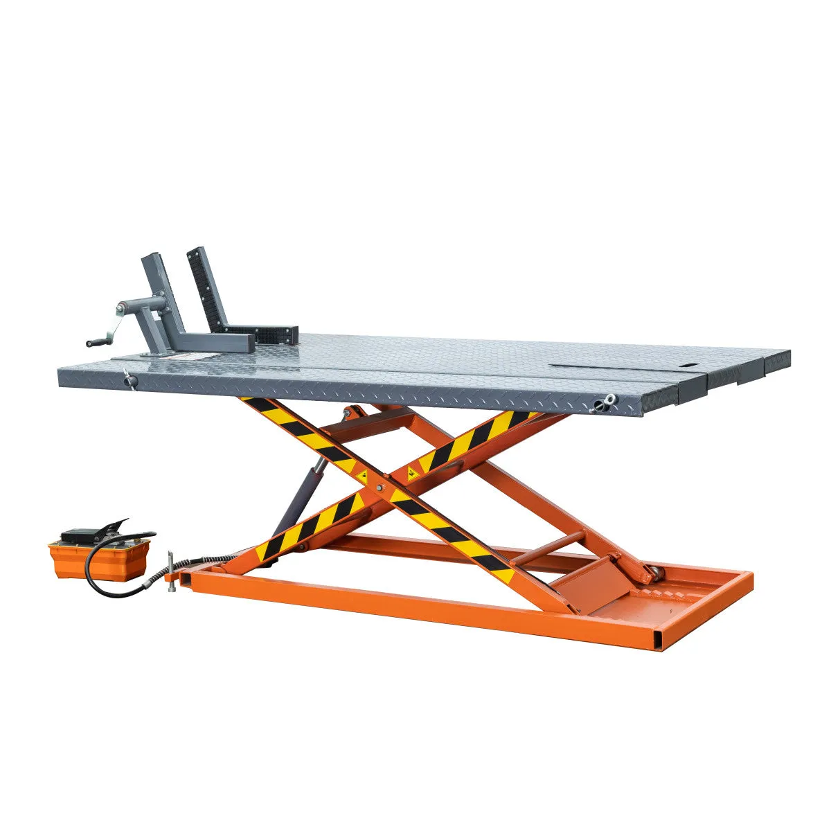 TMG Industrial 1500-lb Portable Motorcycle/ATV Scissor Lift, 48” Work Platform, Side Extensions, Foot Pedal Air Pump, Front-wheel vise grip, TMG-1500PML