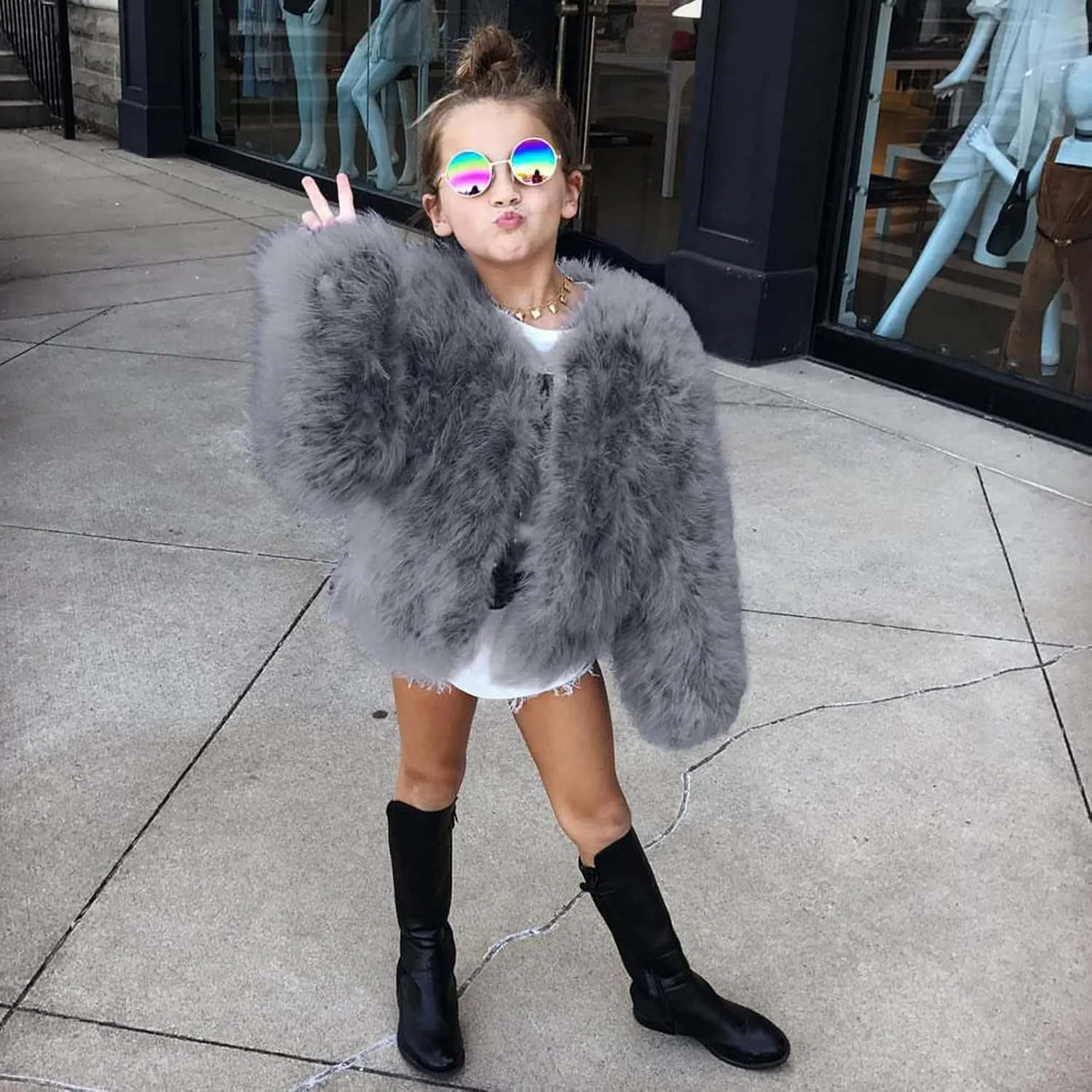 Toddler Kids Girls Faux Fur Jacket Coat Winter Warm Thicken Fluffy Jacket Winter Jackets Furry Coat Outerwear 1-7 Years (Gray, 6-7 Years)
