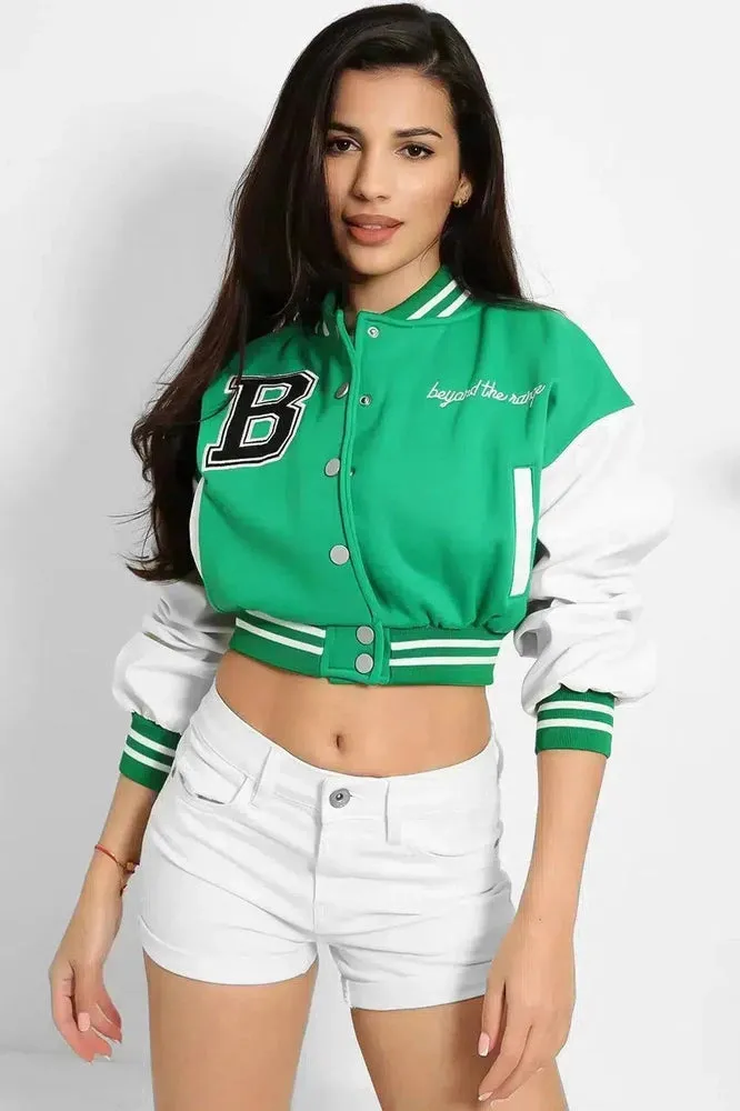 Vegan Leather Sleeves Cropped Varsity Jacket