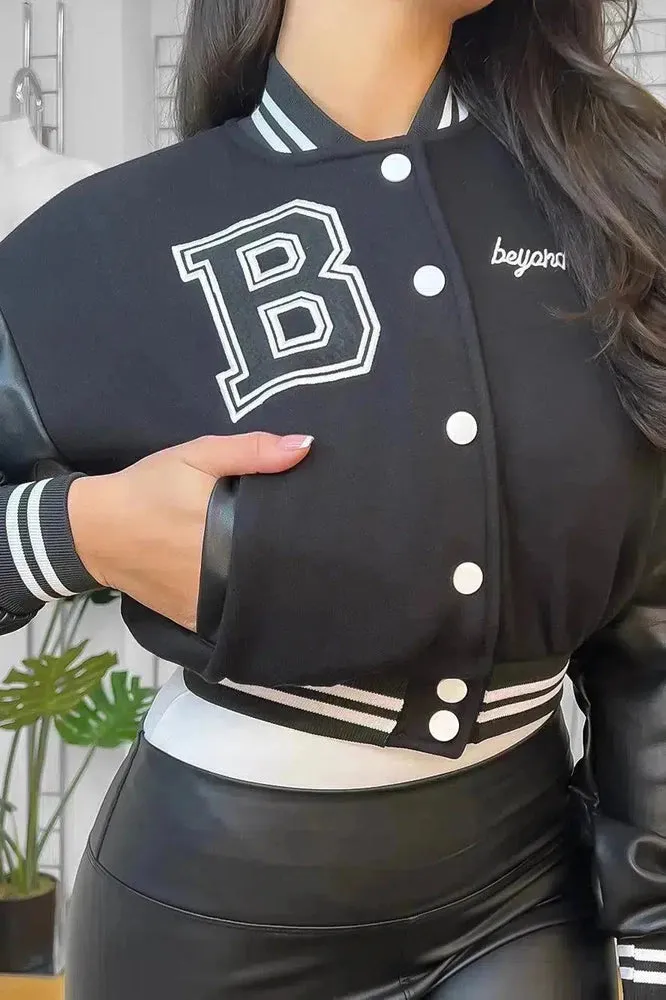 Vegan Leather Sleeves Cropped Varsity Jacket