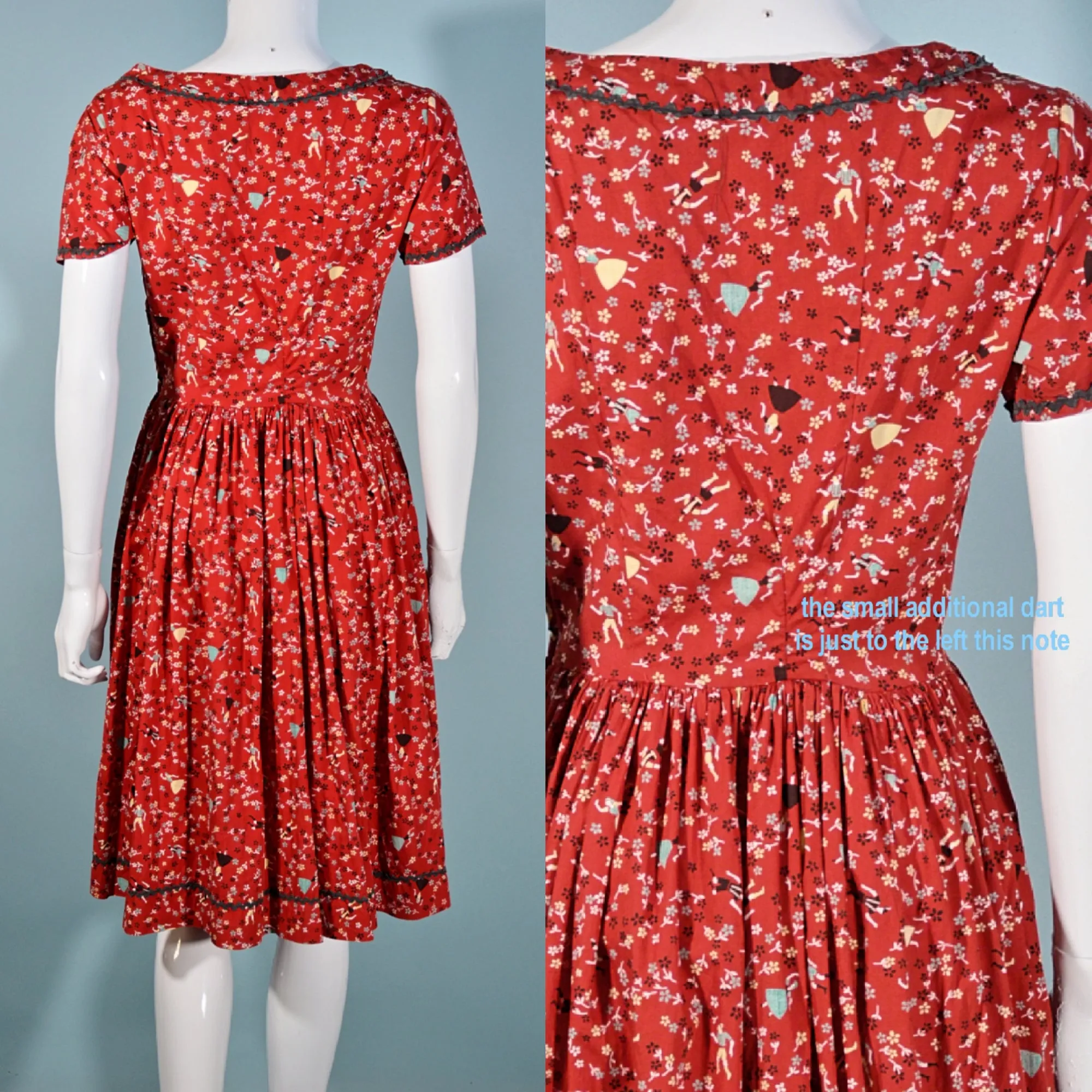 Vintage 40s/50s Novelty Print, Fit and Flare Dress 25 1/2" Waist S