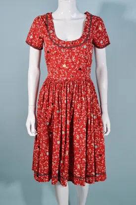 Vintage 40s/50s Novelty Print, Fit and Flare Dress 25 1/2" Waist S