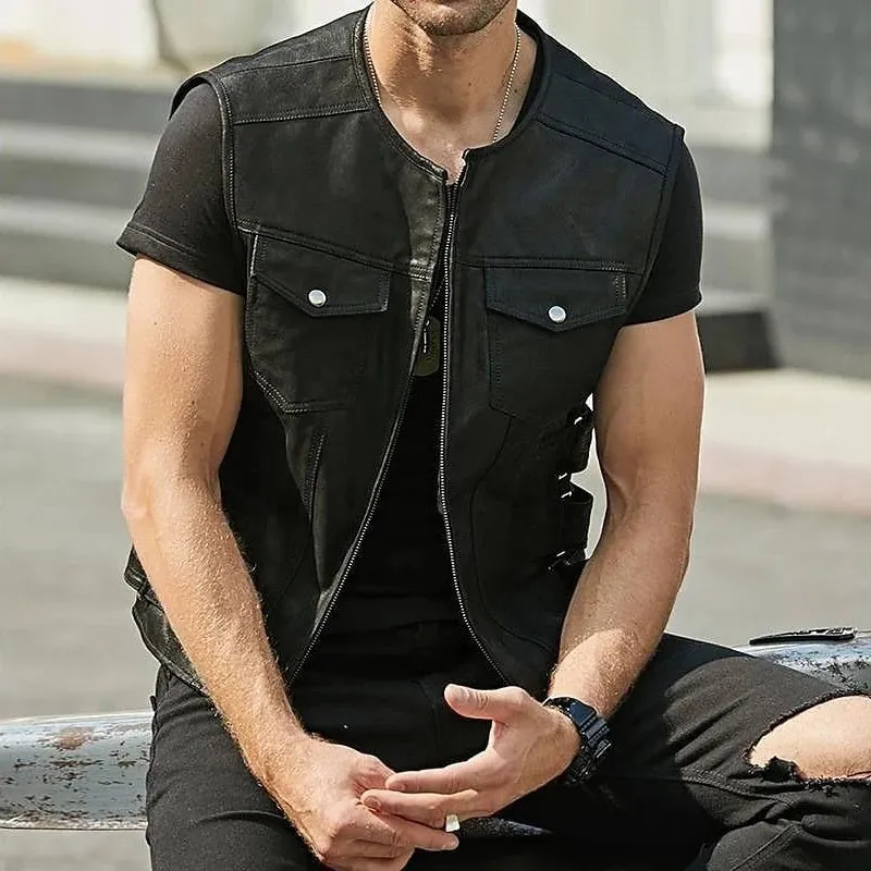 Wiaofellas  -  Leather Vest Jacket Men's Motorcycle Style Zipper Slim Sleeveless PU Coats Streetwear Men Clothing Fashion Cycling Short Jackets