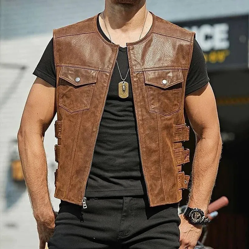 Wiaofellas  -  Leather Vest Jacket Men's Motorcycle Style Zipper Slim Sleeveless PU Coats Streetwear Men Clothing Fashion Cycling Short Jackets