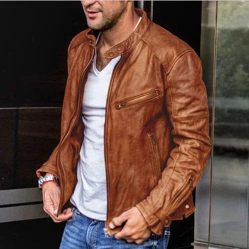 Wiaofellas  -  New Mens Leather Jacket Men Fashion Red Motorcycle PU Leather Jacket Stand Collar Zipper Pockets Leather Coats