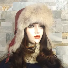 Wolf Fur Aviator Hat, Dark Red Leather - Simon Model