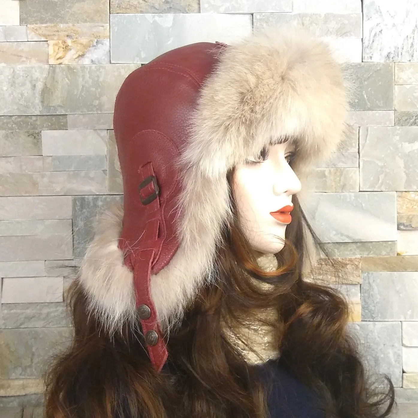 Wolf Fur Aviator Hat, Dark Red Leather - Simon Model
