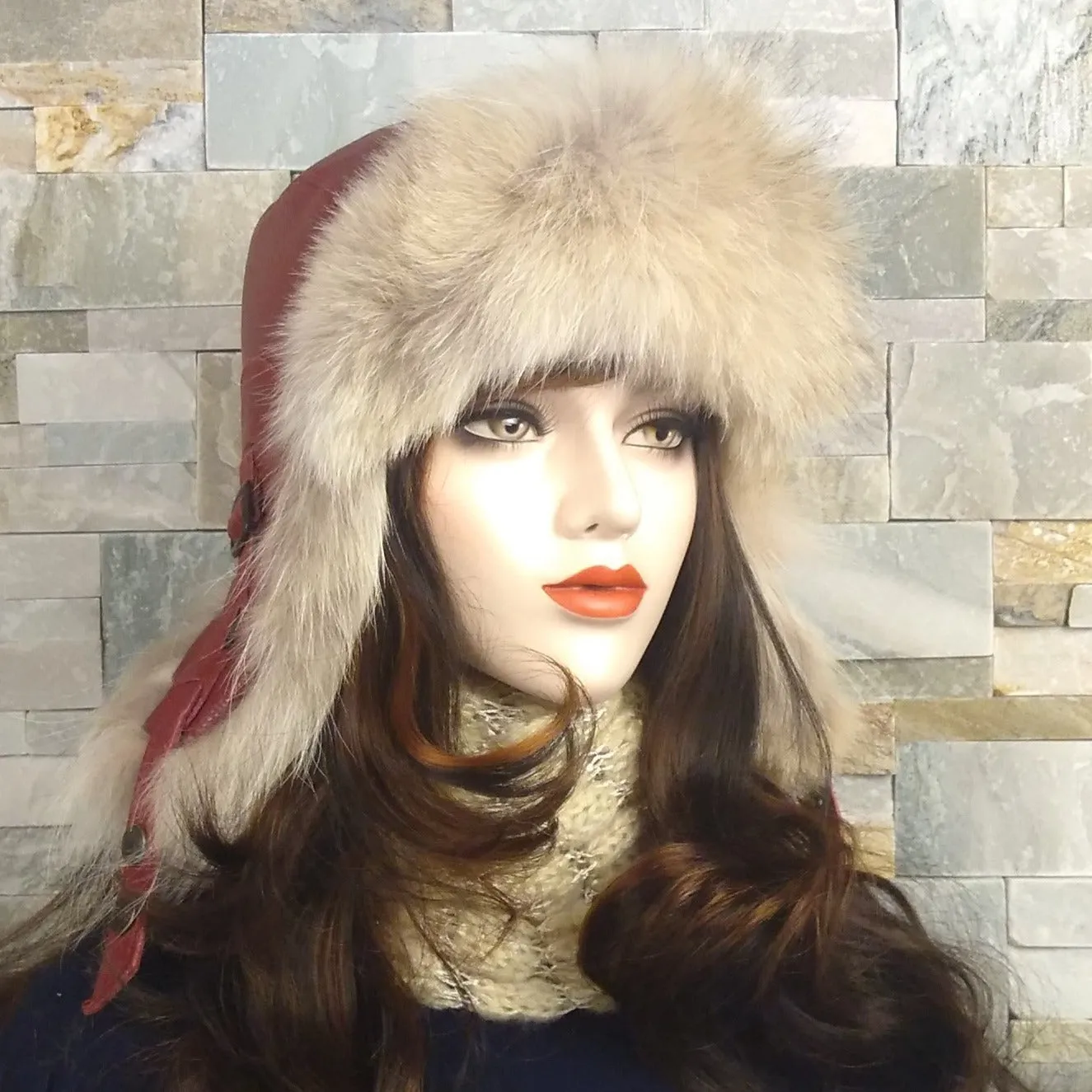 Wolf Fur Aviator Hat, Dark Red Leather - Simon Model