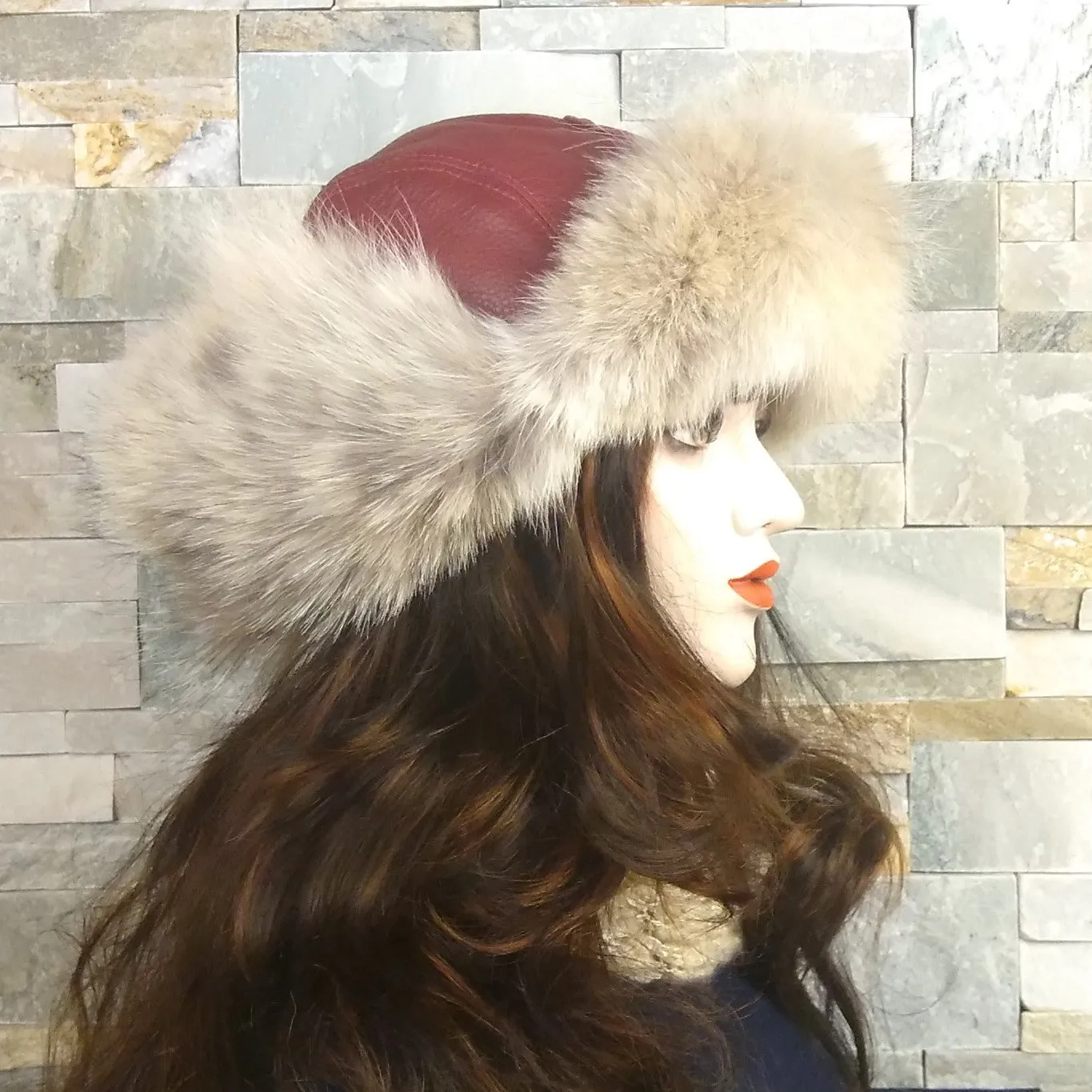 Wolf Fur Aviator Hat, Dark Red Leather - Simon Model