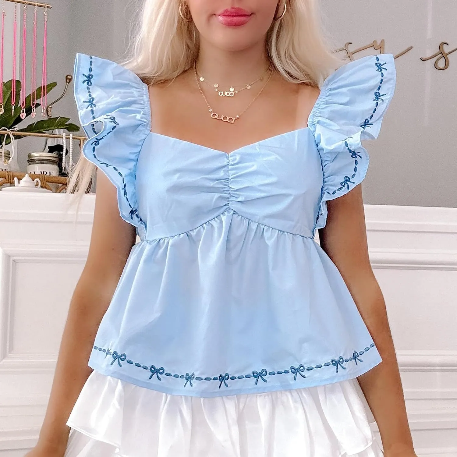 Women Summer Ruffle Cap Sleeve Blouse Cute Bow Embroidered Babydoll Tops Smocked Sweetheart Neck Crop T-Shirt