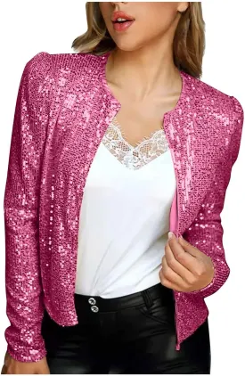 Women Trendy Sequin Jacket Open Front Long Sleeve Short Blazer Casual Coat Outerwear Glitter Sparkly Jackets