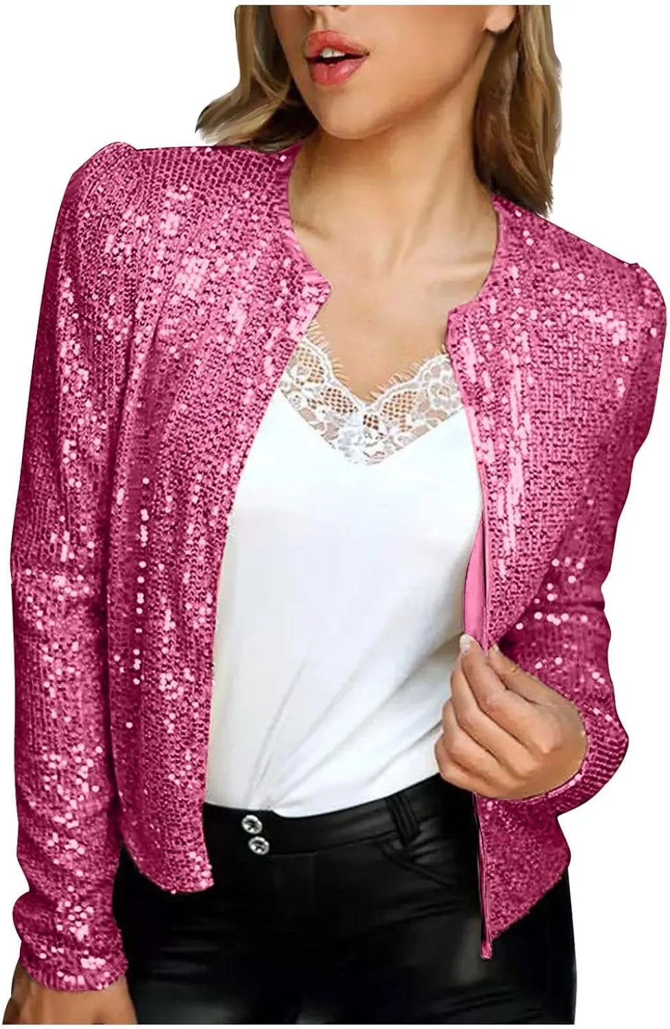 Women Trendy Sequin Jacket Open Front Long Sleeve Short Blazer Casual Coat Outerwear Glitter Sparkly Jackets
