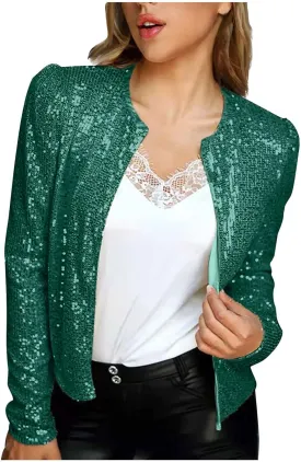 Women Trendy Sequin Jacket Open Front Long Sleeve Short Blazer Casual Coat Outerwear Glitter Sparkly Jackets