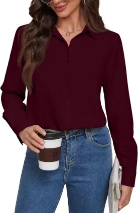 Women Wrinkle Free Soft and Breathable Chiffon Button Down Long Sleeve Blouse Collared Shirt Work Casual Tops
