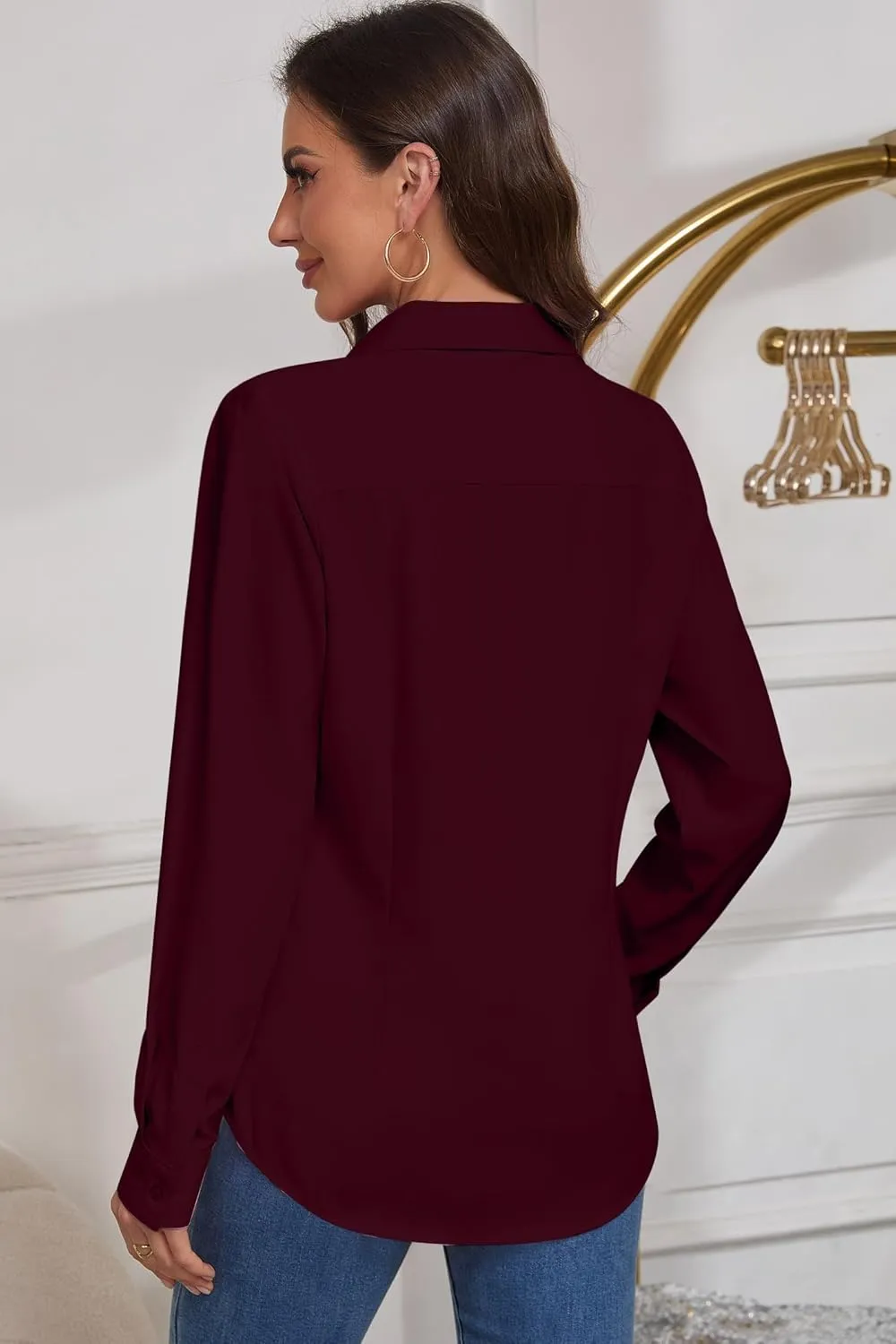 Women Wrinkle Free Soft and Breathable Chiffon Button Down Long Sleeve Blouse Collared Shirt Work Casual Tops