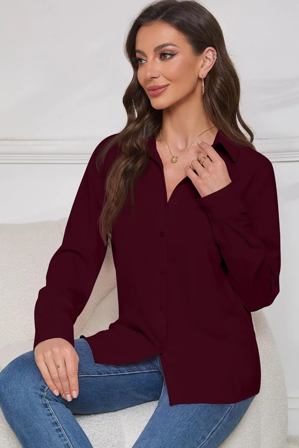 Women Wrinkle Free Soft and Breathable Chiffon Button Down Long Sleeve Blouse Collared Shirt Work Casual Tops