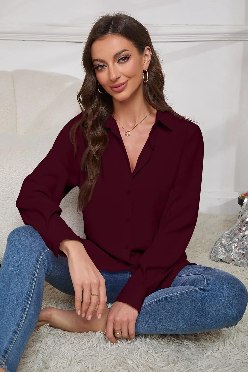 Women Wrinkle Free Soft and Breathable Chiffon Button Down Long Sleeve Blouse Collared Shirt Work Casual Tops