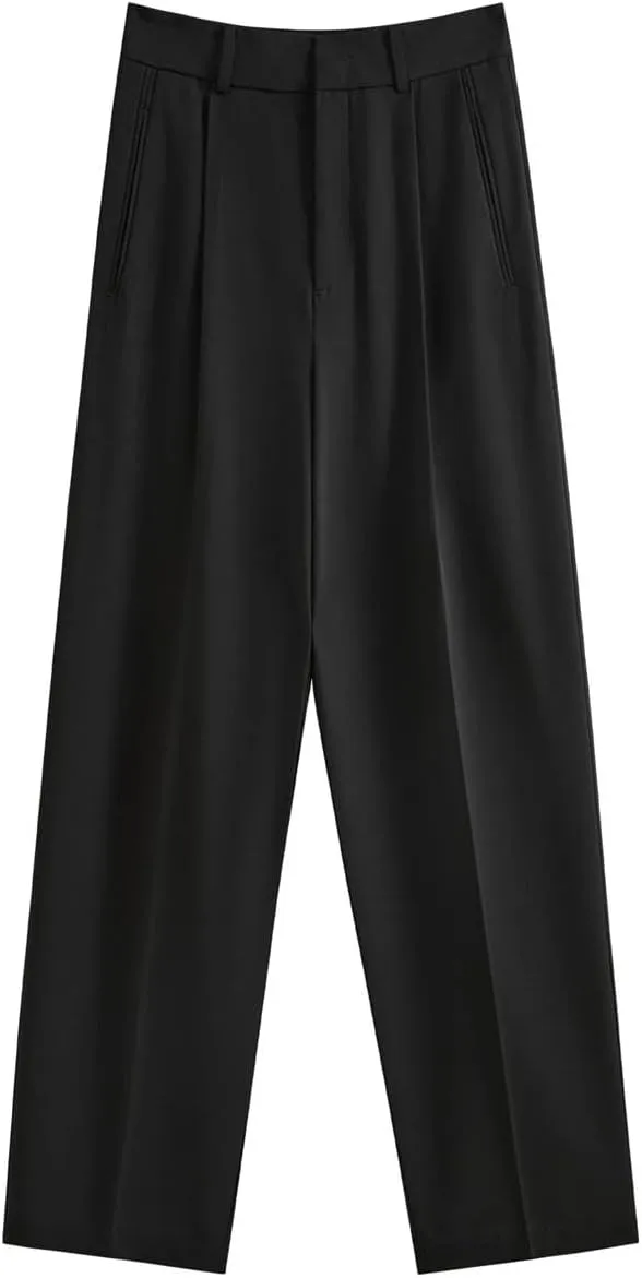 Women's High Waist Cropped Straight Leg Suit Pants Gray Office Trousers Tailored Slacks