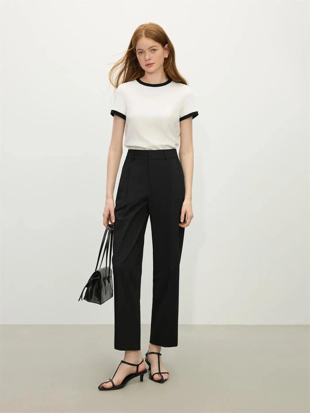 Women's High Waist Cropped Straight Leg Suit Pants Gray Office Trousers Tailored Slacks