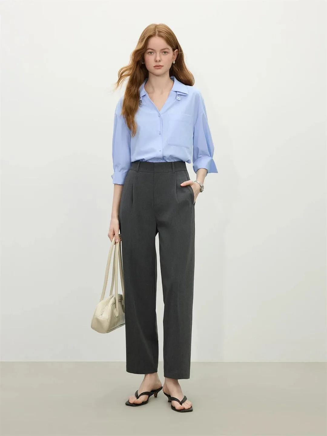 Women's High Waist Cropped Straight Leg Suit Pants Gray Office Trousers Tailored Slacks