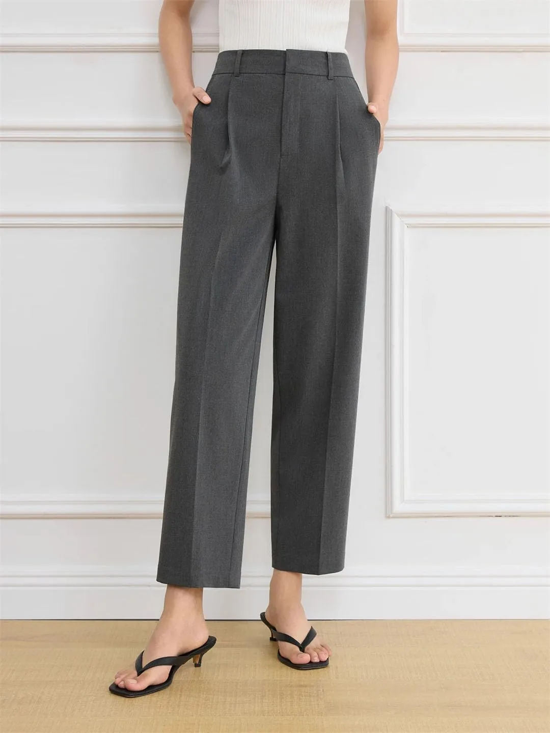 Women's High Waist Cropped Straight Leg Suit Pants Gray Office Trousers Tailored Slacks