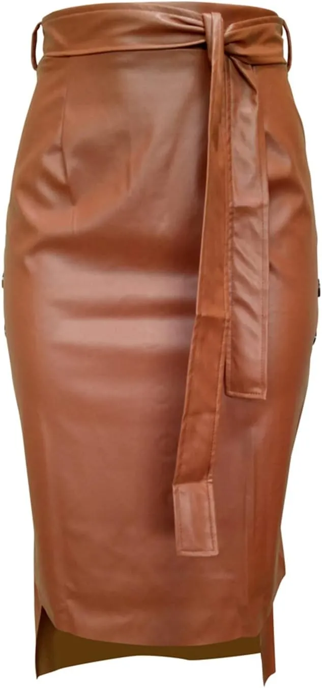 Womens High Waisted Belted Leather Pencil Skirt Side Button Split Faux Leather Work Midi Skirt Wrap
