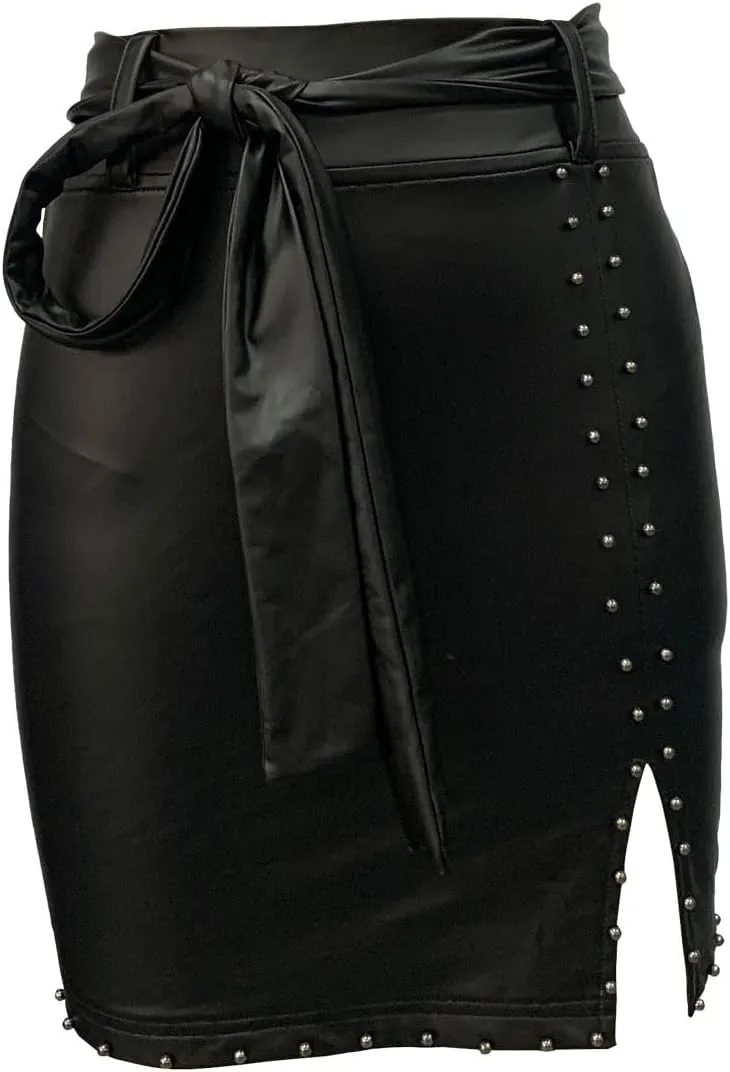 Women's High Waisted Faux Leather Mini Skirt Side Slit Bodycon Fit Club Party with Belt
