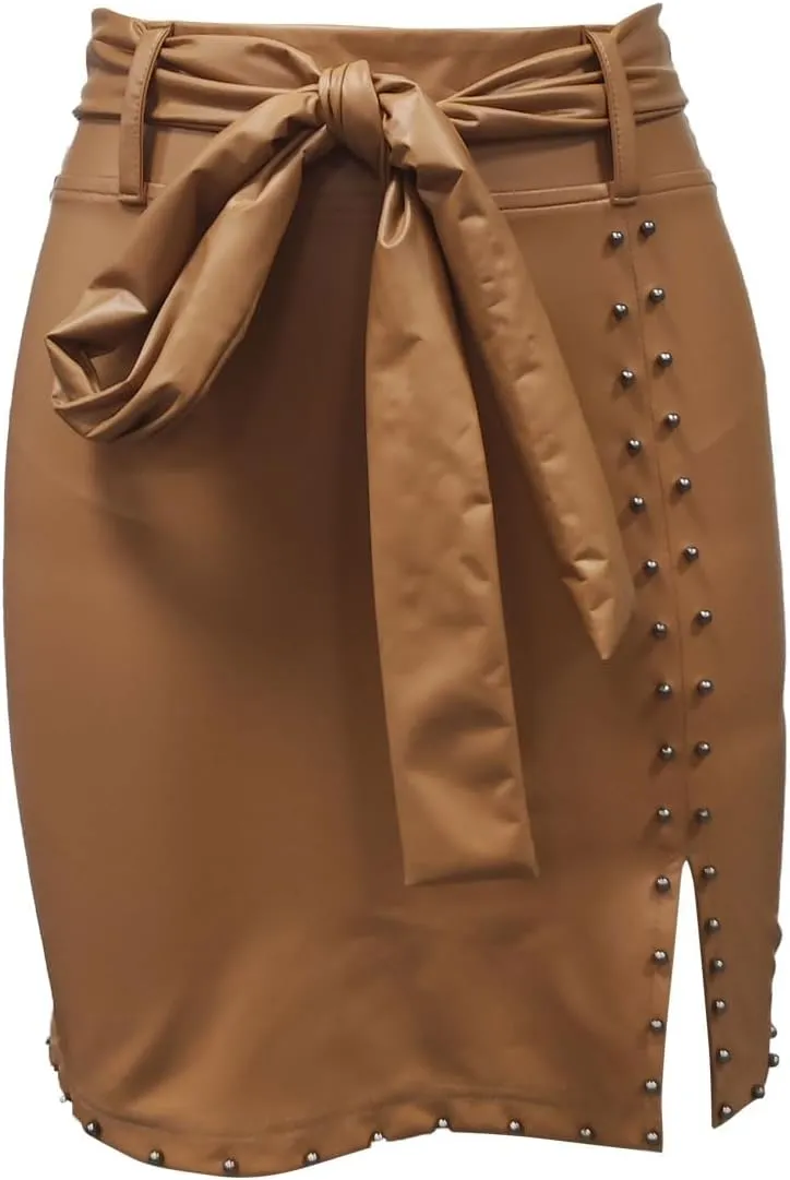 Women's High Waisted Faux Leather Mini Skirt Side Slit Bodycon Fit Club Party with Belt