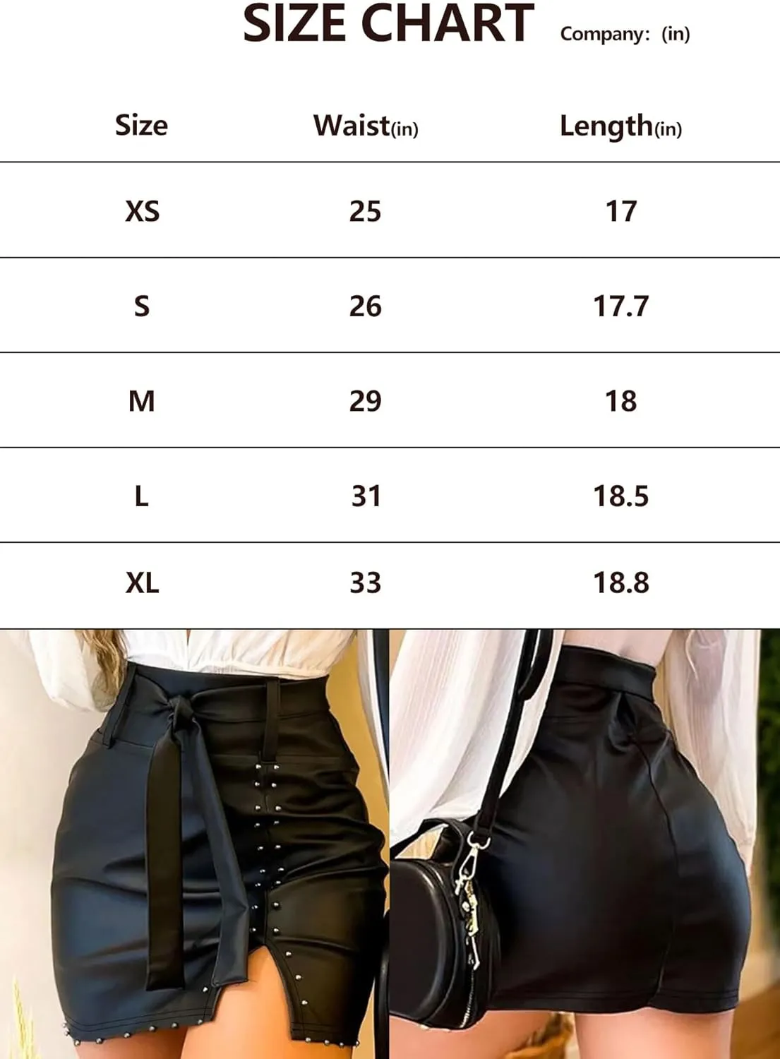 Women's High Waisted Faux Leather Mini Skirt Side Slit Bodycon Fit Club Party with Belt