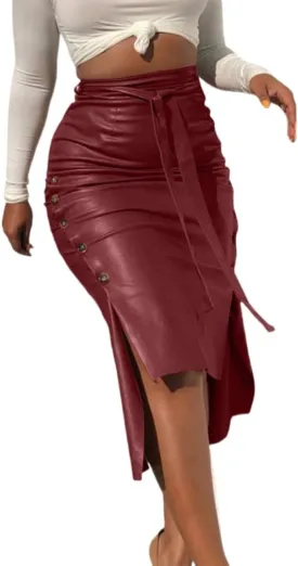 Womens High Waisted Faux Leather Pencil Skirt Side Button Side Slit with Belt