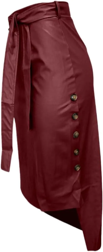 Womens High Waisted Faux Leather Pencil Skirt Side Button Side Slit with Belt