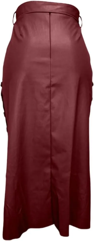 Womens High Waisted Faux Leather Pencil Skirt Side Button Side Slit with Belt