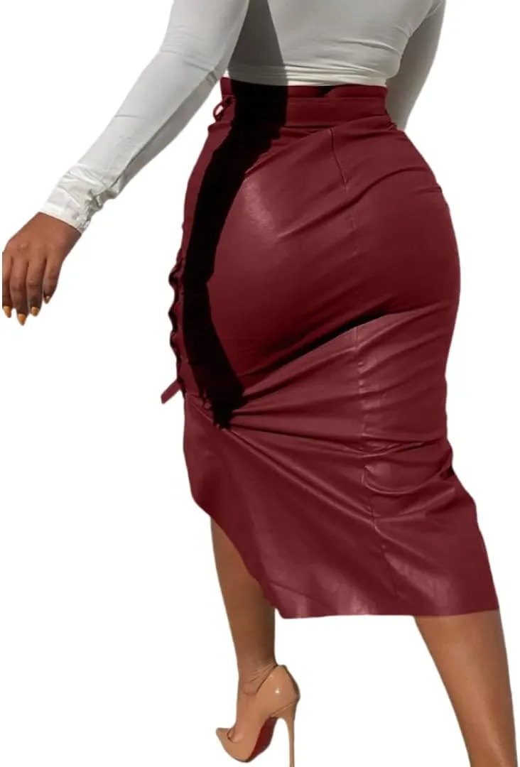 Womens High Waisted Faux Leather Pencil Skirt Side Button Side Slit with Belt