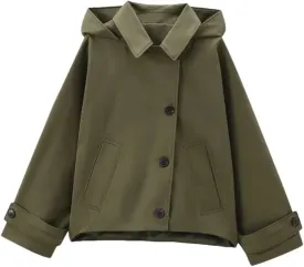 WomenS Hooded Lapel Trench Coat Short Jacket Casual Turn-Down Collar Regular Sleeve Single Breasted Outerwear