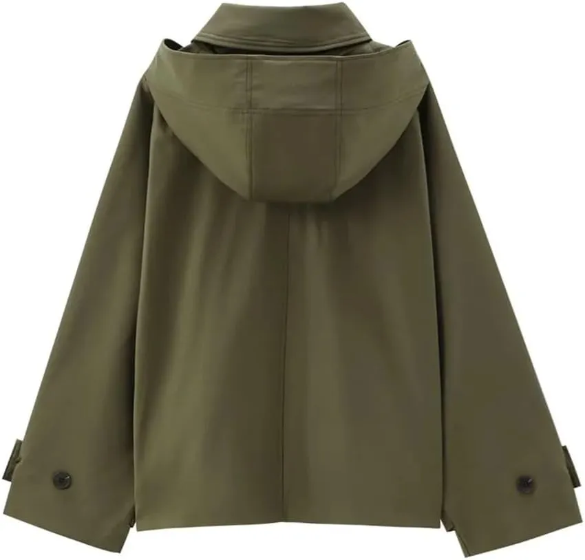 WomenS Hooded Lapel Trench Coat Short Jacket Casual Turn-Down Collar Regular Sleeve Single Breasted Outerwear