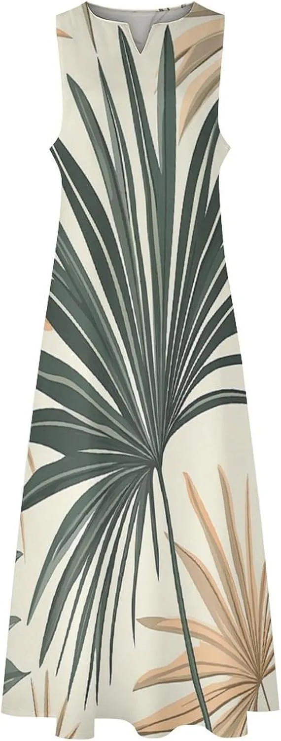Womens Summer Sleeveless Long Dress, Bohemian Sage Green Palm Print Mid-Century Modern Sundress, V Neck Maxi D