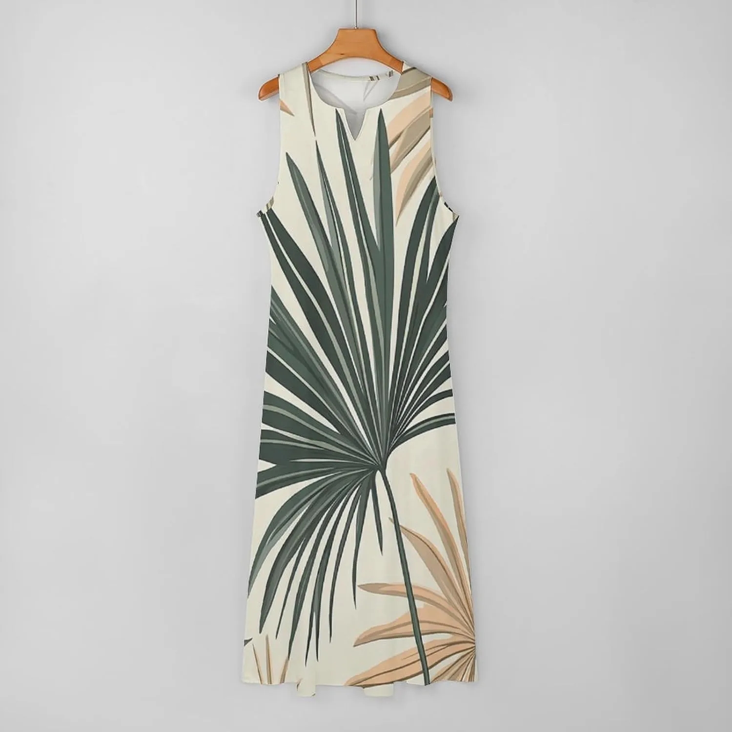 Womens Summer Sleeveless Long Dress, Bohemian Sage Green Palm Print Mid-Century Modern Sundress, V Neck Maxi D
