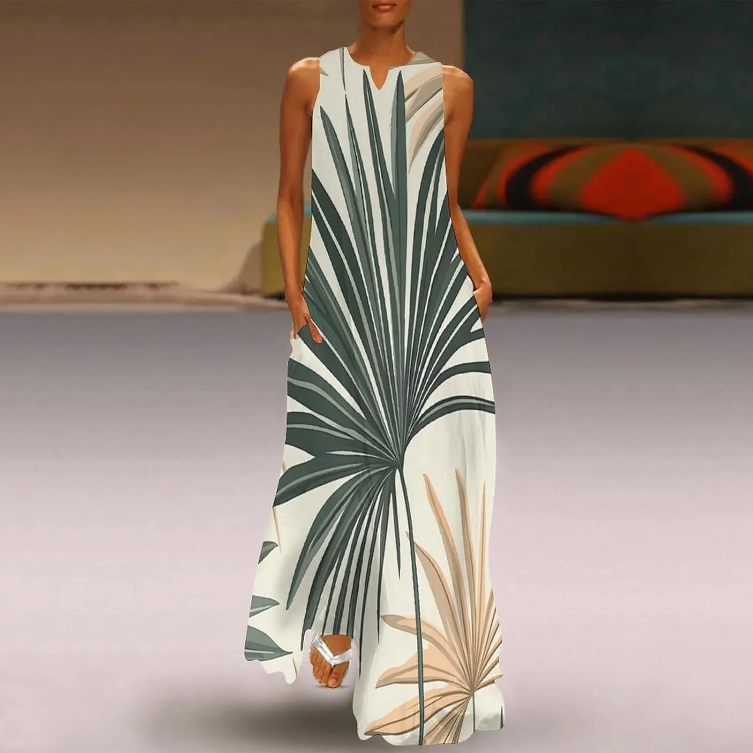 Womens Summer Sleeveless Long Dress, Bohemian Sage Green Palm Print Mid-Century Modern Sundress, V Neck Maxi D