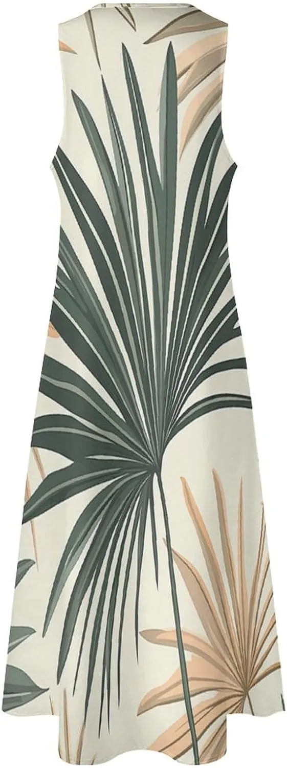 Womens Summer Sleeveless Long Dress, Bohemian Sage Green Palm Print Mid-Century Modern Sundress, V Neck Maxi D
