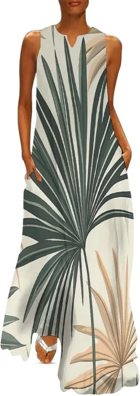 Womens Summer Sleeveless Long Dress, Bohemian Sage Green Palm Print Mid-Century Modern Sundress, V Neck Maxi D