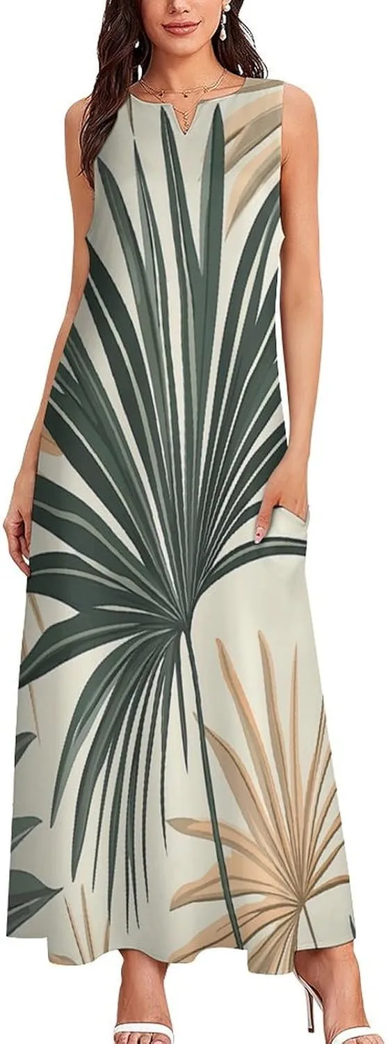 Womens Summer Sleeveless Long Dress, Bohemian Sage Green Palm Print Mid-Century Modern Sundress, V Neck Maxi D