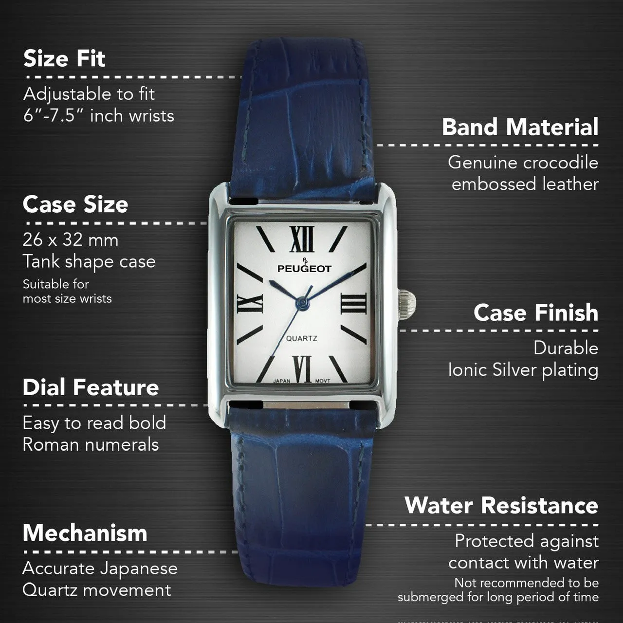 Women's Tank Watch Roman Dial Blue Leather Strap
