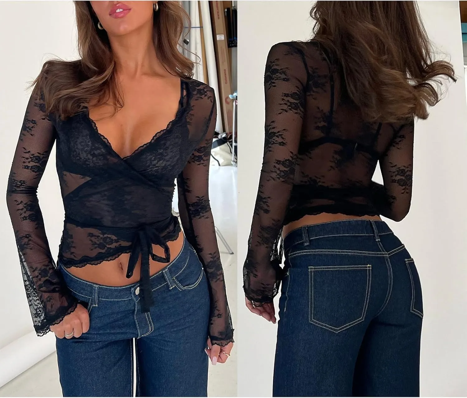 Women's Y2K Long Sleeve Sheer Mesh Top Deep V Neck Embroidery Floral Lace Top Sexy See Through Going Out Crop Tops
