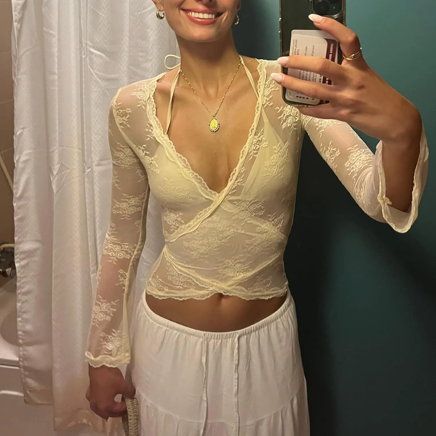 Women's Y2K Long Sleeve Sheer Mesh Top Deep V Neck Embroidery Floral Lace Top Sexy See Through Going Out Crop Tops