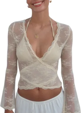 Women's Y2K Long Sleeve Sheer Mesh Top Deep V Neck Embroidery Floral Lace Top Sexy See Through Going Out Crop Tops